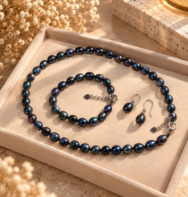Parure ÉPURE Noire – perles d'eau douce noires 2 Parure ÉPURE Noire en perles d'eau douce noires aux reflets bleutés présentée dans un plateau
