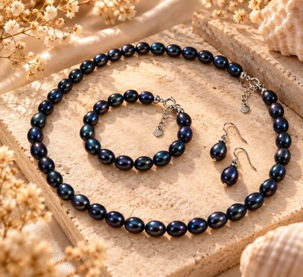 Parure ÉPURE Noire – perles d'eau douce noires 3 Collier, bracelet et boucles d'oreilles ÉPURE Noire en perles de culture d'eau douce noires posés sur une pierre