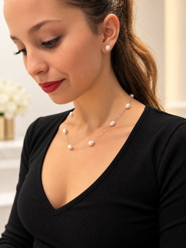Collier ÉPURE en perles de culture d'eau douce blanches sur fine chaîne en argent Sterling 925, porté