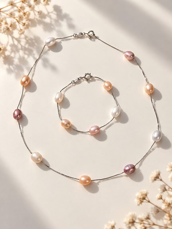 Collier et bracelet ÉPURE multicolores en perles d'eau douce blanches, pêche et lilas sur chaîne en argent Sterling 925