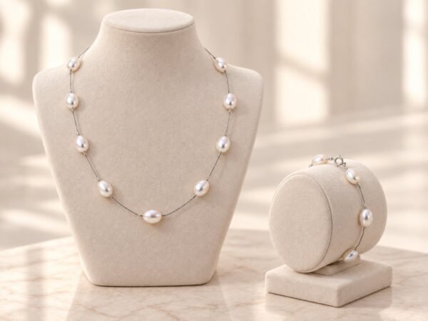Parure ÉPURE blanche : collier et bracelet en perles d'eau douce blanches sur chaîne en argent Sterling 925, présentés sur buste et support