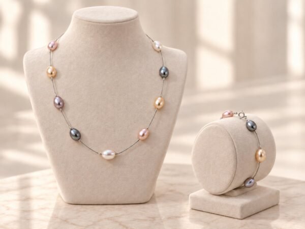 Parure ÉPURE multicolore : collier et bracelet en perles d'eau douce sur chaîne en argent Sterling 925, présentés sur buste et support